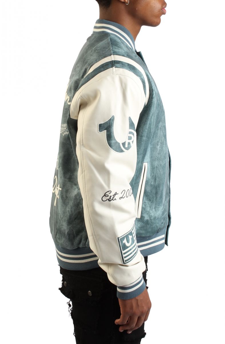 TRUE RELIGION Denim Print Retro Varsity Jacket 109881-4250 - Karmaloop