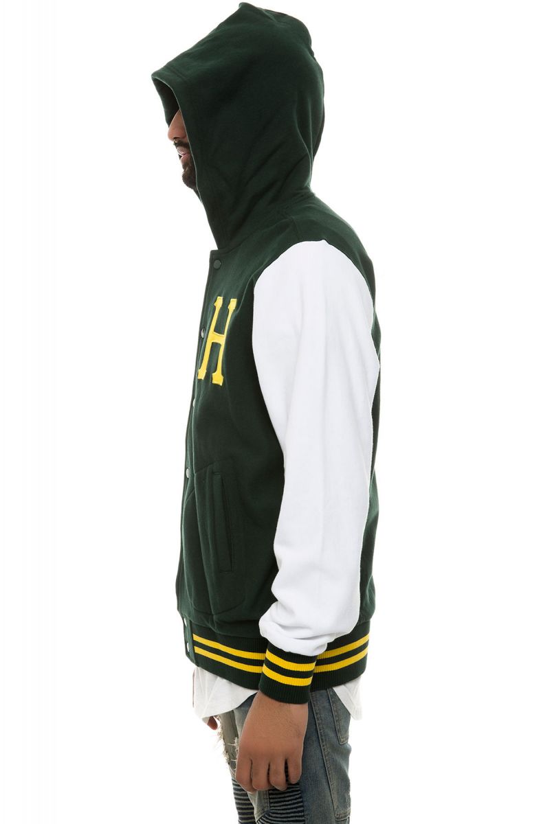 Hooded Varsity Jacket Mens in Forest Green