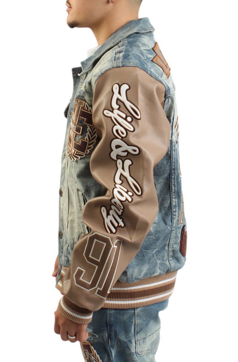 SMOKE RISE Vegan Leather Sleeve Varsity Denim Jacket JJ24545SK CLYDE Karmaloop
