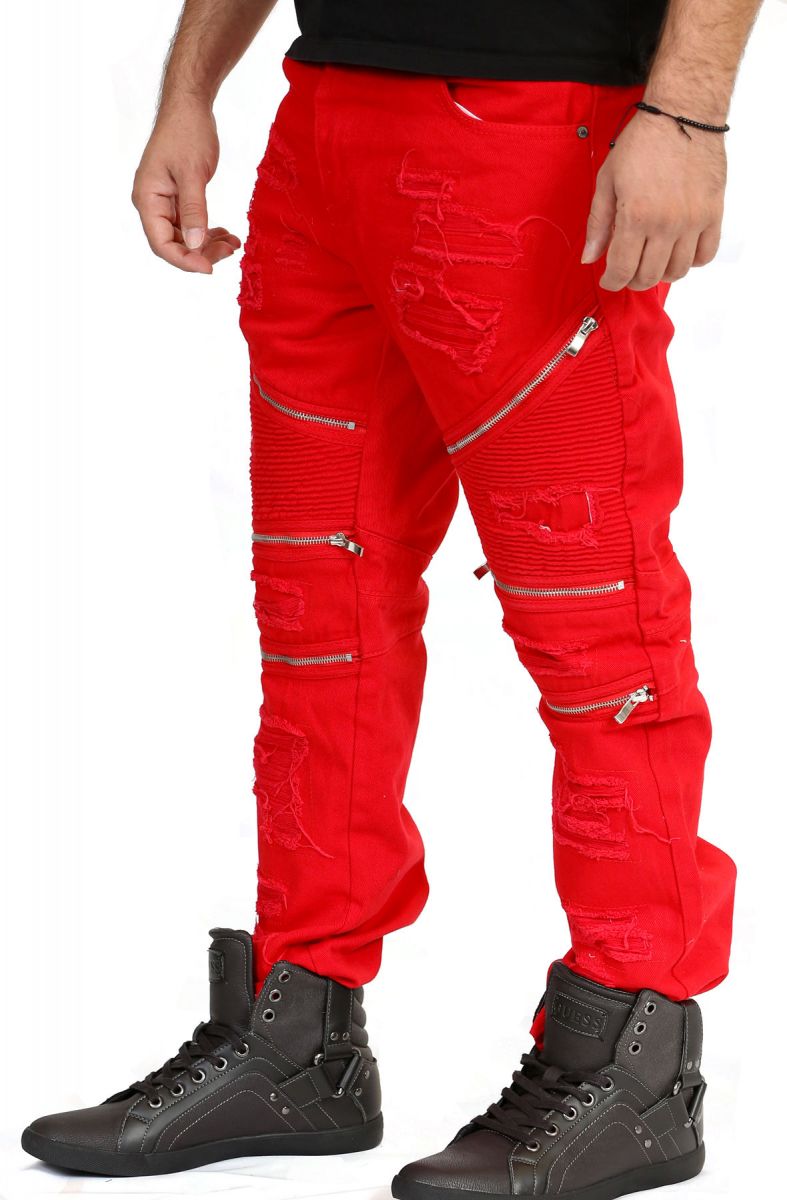 Zipper Biker Jeans in Red