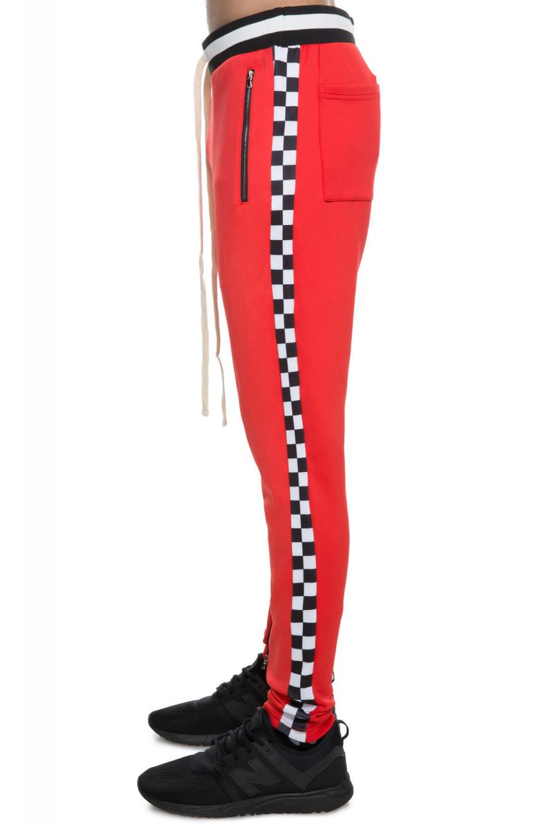 red checkered track pants