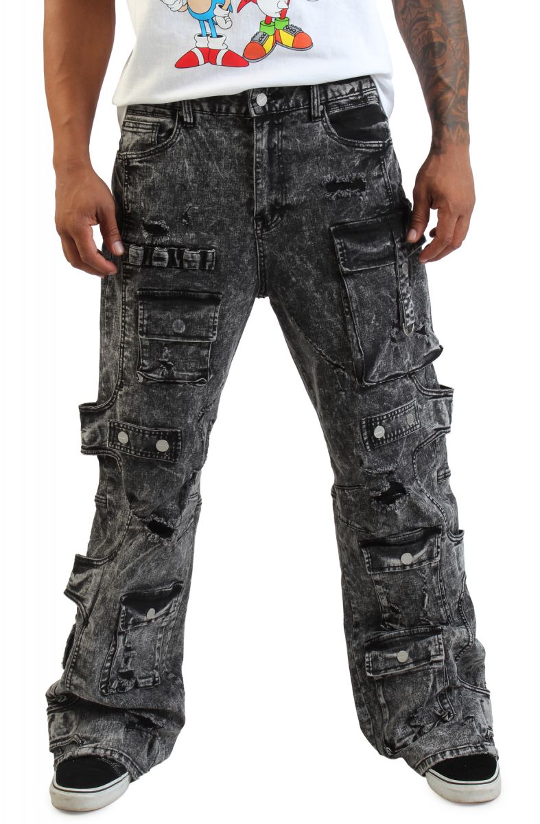パンツ NO MASS PROD Flared denim cargo pants FIRST ROW Washed Multi Cargo Denim Y2K Pants FRD3122-BLK - Karmaloop