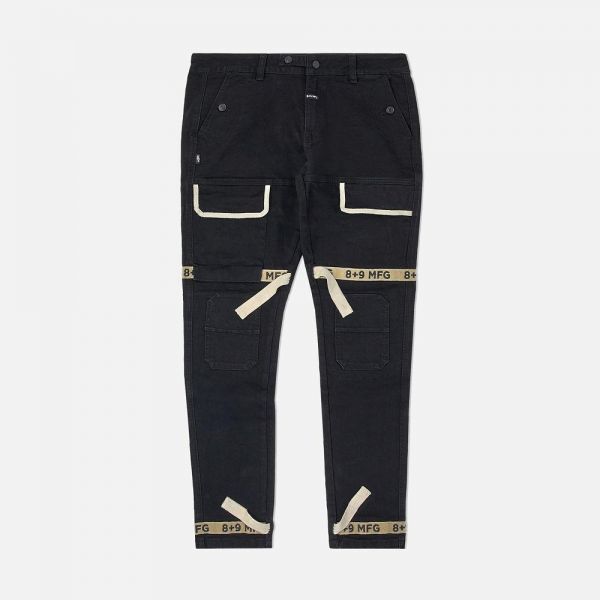 8&9 MFG CO. Strapped Up Slim Jet Black Denim Jeans Pink Straps