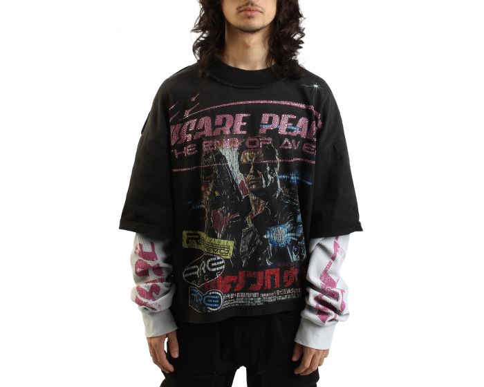 RARE PEACE Cypher Graphic Crop Long Sleeve T-shirt RK5068-BLK