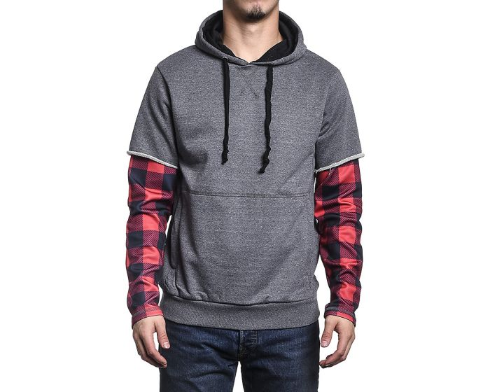 REASON Plaid Double Sleeve Hoodie Grey/Red/Black Plaid RSS545-8 - PLNDR