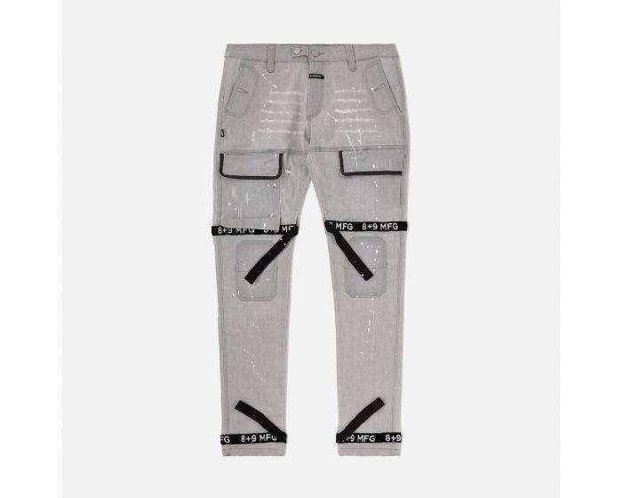 ☆送料・関税込☆MONGDOL★STONE WASHED ROLL-UP DENIM PANTS★ 8&9 MFG CO. Grey Splatter Denim Slim Strapped Up Utility