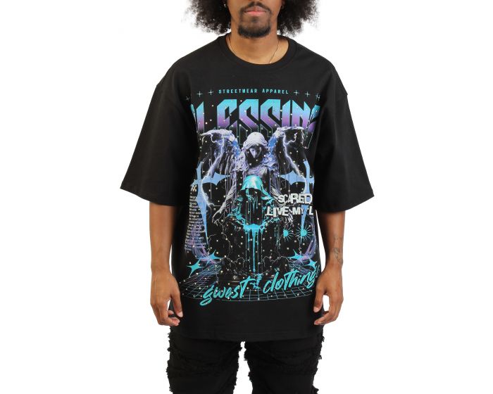 G WEST Blessings Rhinestone T-Shirt RHJMTFG9287-BLK - Karmaloop