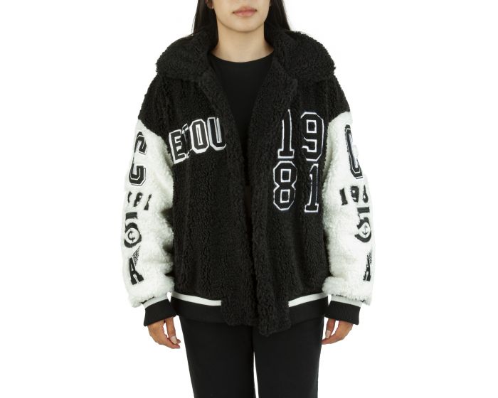 AZALEA WANG Pick A Vowel Oversized Teddy Varsity Jacket SOLO-BOMBER-BLK ...