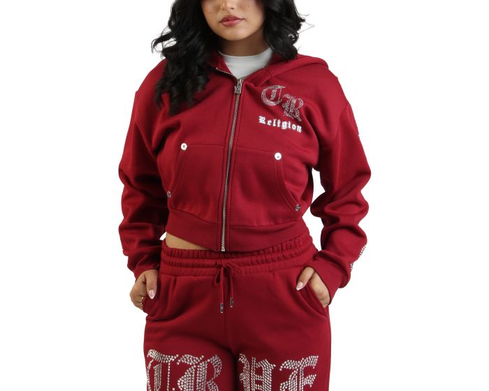 TRUE RELIGION Crystal Logo Cropped Zip-Up Hoodie 209516-6916