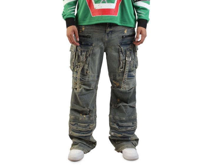 FIRST ROW Y2K Utility Cargo Denim Pants FRD3116A-STONE - Karmaloop