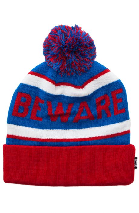 The Beware Pom Beanie in Red