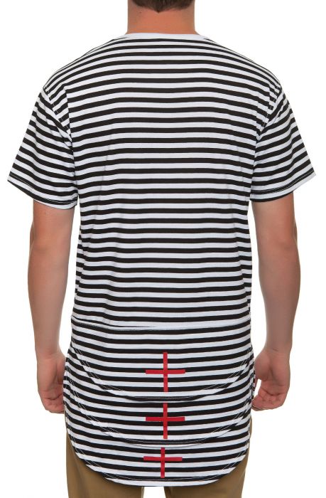 The Shoreman Triple Layer Elongated Striped Tee in White and Black