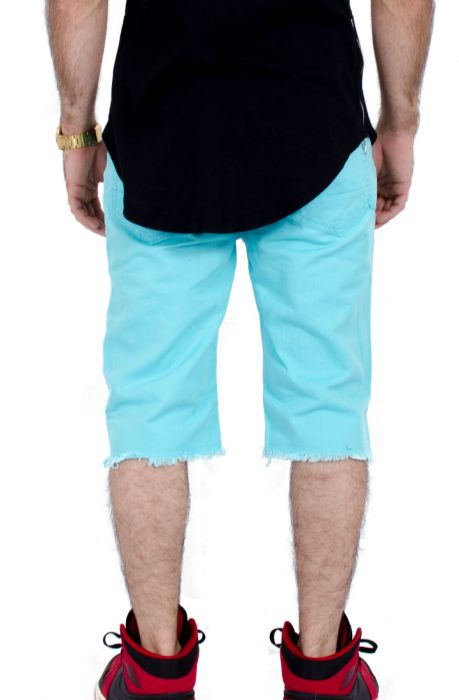 Distressed Twill Raw Shorts in Turquoise