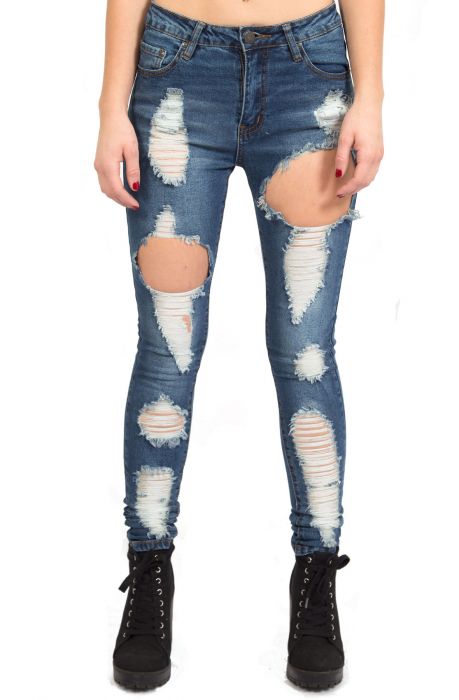 The High Waist Distressed Skinny Jeans in Denim Blue