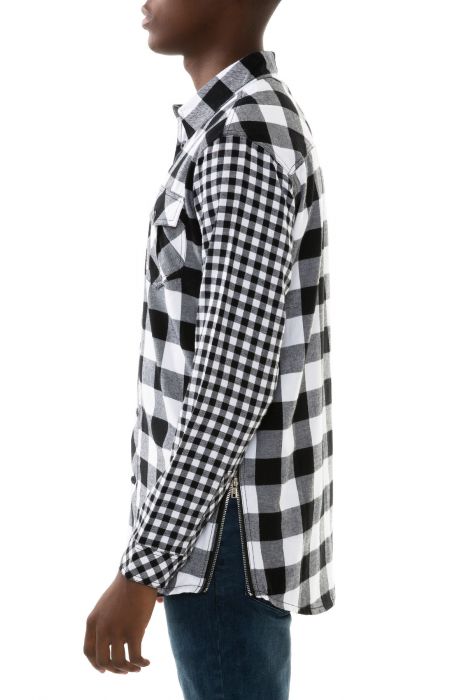 The Elongated Buffalo Plaid Zip Shirt in White and Black