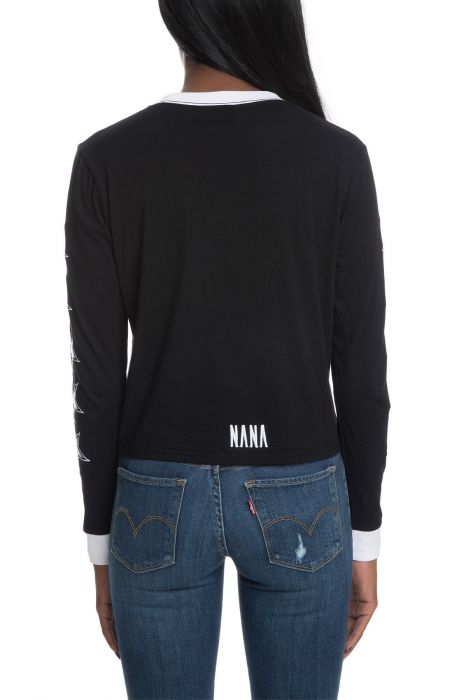 The Stars Align Long Sleeve T-Shirt With Contrast Rib & Star Sleeve Embroidery in Black