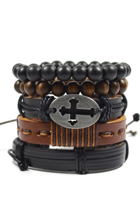 5 Pack Black and Brown Cross Men's Bracelet Set