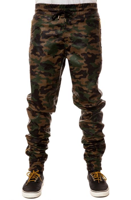 Ages Pants Vegan Leather Joggers in Dark Wood Camo Green