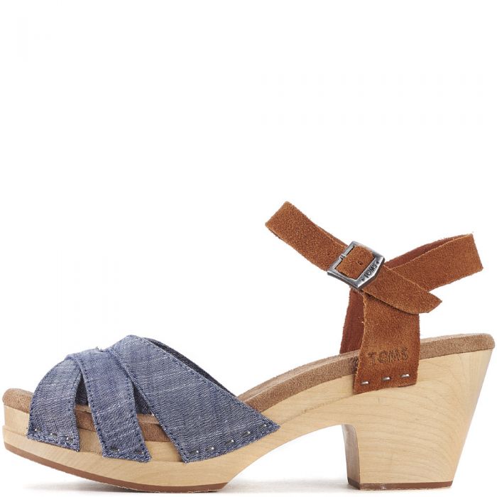 Toms for Women: Beatrix Chambray Brown Suede Clog Sandals