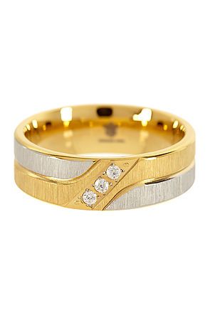 The Steel and 18k Gold Plated Satin Stainless Steel Triple CZ Ring in Steel and Gold