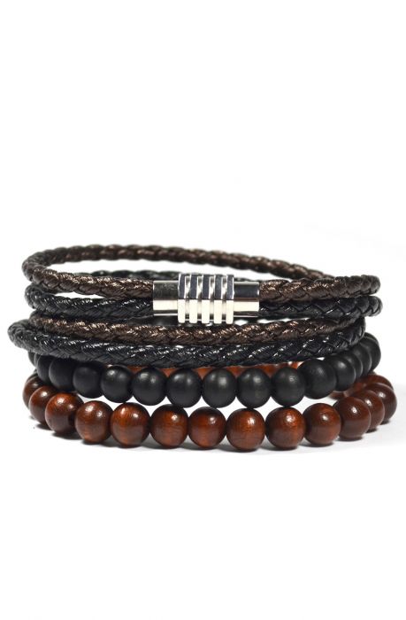 3 Pack Wrap Leather and Wood Bracelet Set