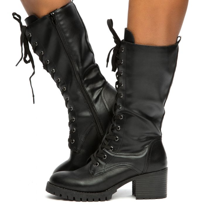 ☆美品☆CRIMIE THE LACE UP COMBAT BOOTS Black Leather Punk Knee High Lace Up Combat Boots Chains