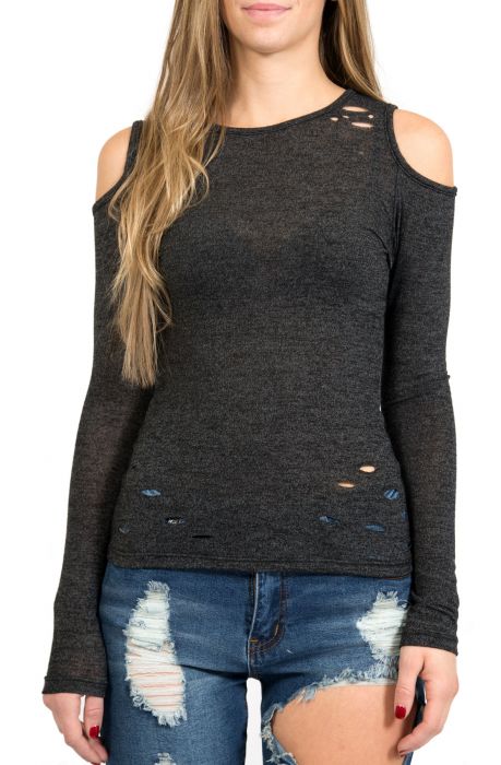 The Distressed Long Sleeve Sweater in Charcoal