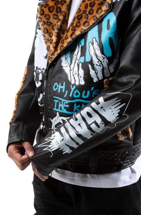 REBEL MINDS Leopard Collar Biker Jacket 612-553BLK - Karmaloop