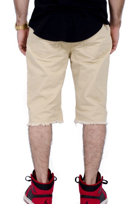 Distressed Twill Raw Shorts in Khaki