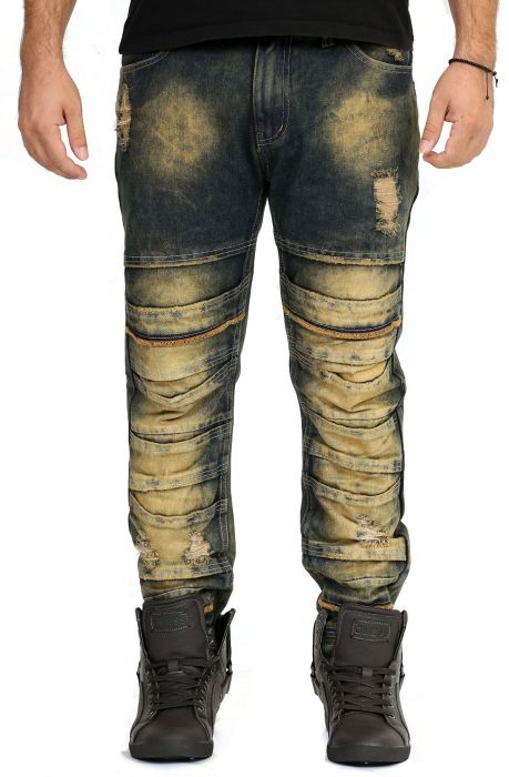 blue stacked jeans