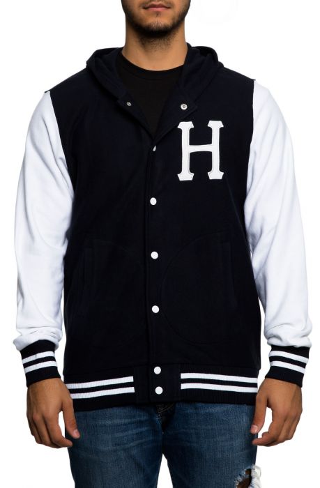 The Classic H Hooded Snap Varsity Jacket in Navy