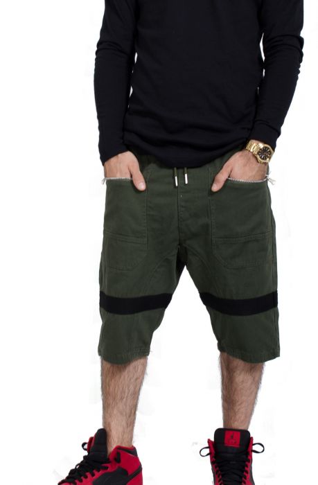 Drop Crotch Twill Jogger Shorts in Olive
