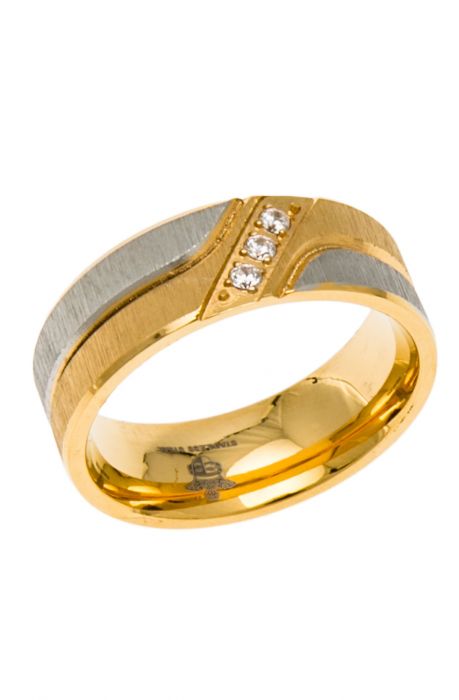 The Steel and 18k Gold Plated Satin Stainless Steel Triple CZ Ring in Steel and Gold