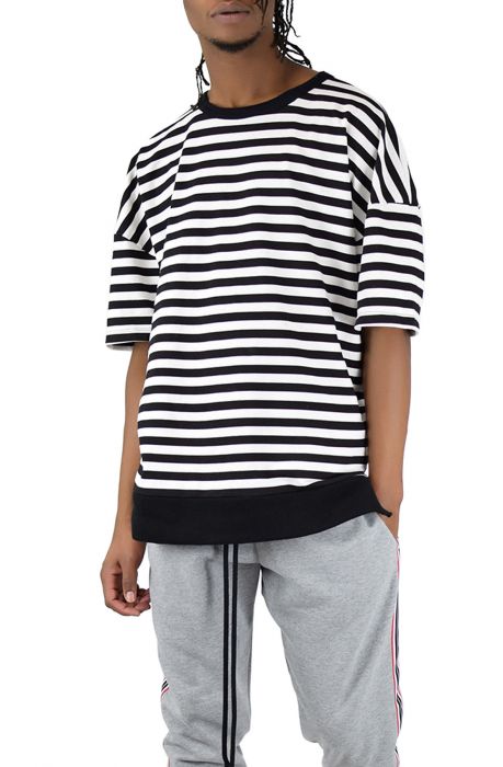 The Stripe Drop Shoulder Tee in Black and White