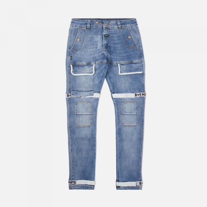 8&9 MFG Co. Strapped Up Slim Utility Medium Washed Jeans White PSTRPJLBL - Karmaloop