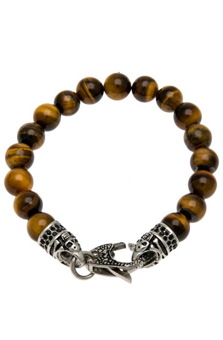 The Genuine Tiger Eye and Stainless Steel Bead Bracelet With Skull and Black Crystal Clasp in Tiger Eye and Steel