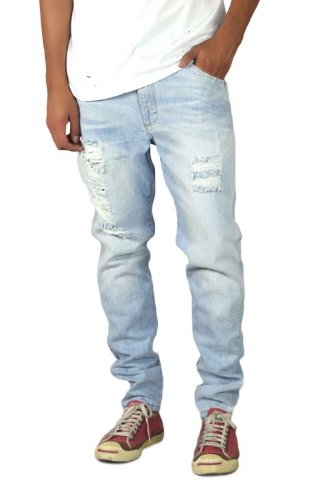 The Light Stonewashed Ripped Tapered Denim Jeans in Light Blue
