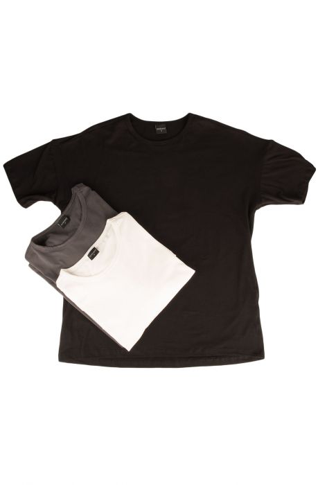 The Drop Shoulder Box Fit Tee 3 Pack in Black, Charcoal, and Cream