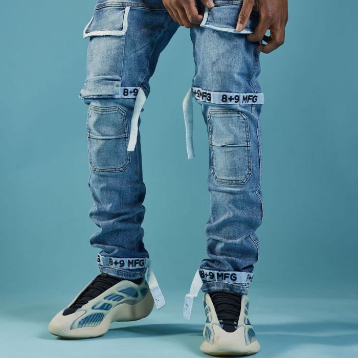8&9 MFG Co. Strapped Up Slim Utility Medium Washed Jeans White PSTRPJLBL - Karmaloop