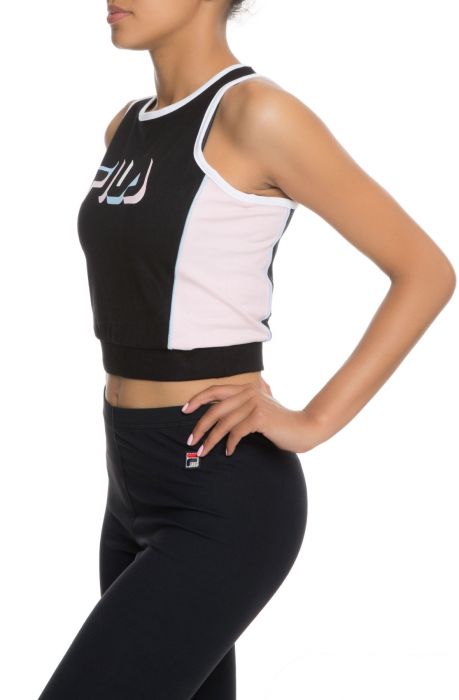 The Liana Crop Tank in Black, Rosa Bella, White and Skyway