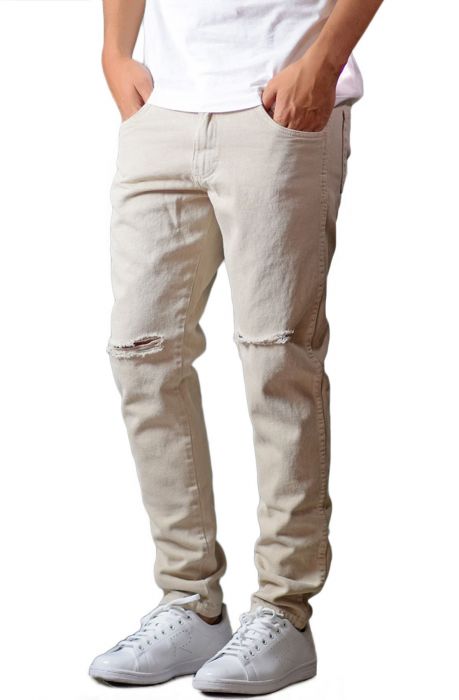The Tapered Ripped Denim Jeans in Sand