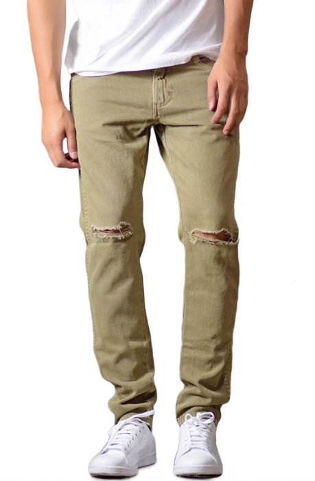 The Tapered Ripped Denim Jeans in Olive