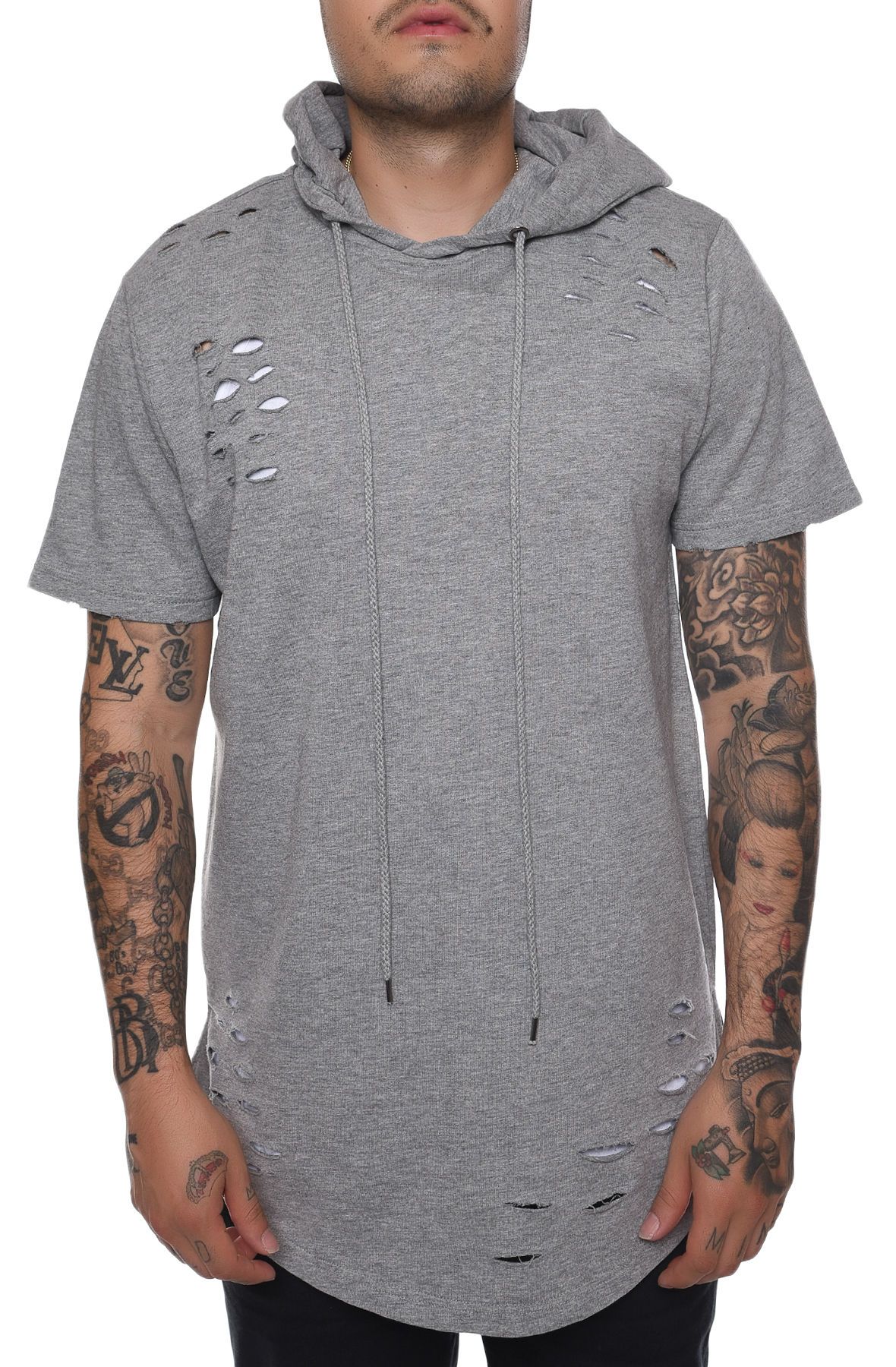 The Norseman Short Sleeve distressed hoodie in Heather Grey