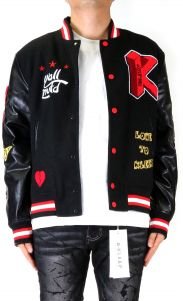 HALSTON Men's Melton Body with Faux Leather Sleeve Varsity Jacket