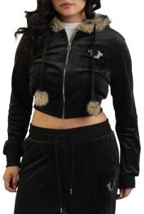 Velour Faux Fur Shrunken Zip-Up Hoodie