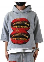 PETTI French Terry 3/4 Sleeve Crop Top Pullover Hoodie