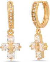 Steeltime Unisex Iced Out Huggie Charm Pendant Brass Earrings with Simulated Diamonds Jewelry Gift (Iced Out Cross )