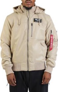 Faux Leather Hooded Rib Flight Jacket 