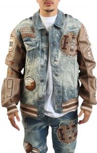 Vegan Leather Sleeve Varsity Denim Jacket