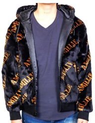 Jeff Black Reversible Faux Fur Bomber Jacket with Amillion typo pattern